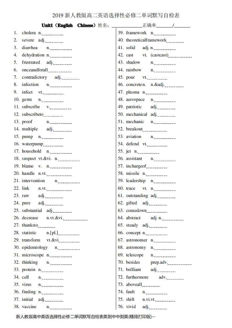 新人教版高中英语选择性必修二单词默写自检表英到中中到英(精排打印版)