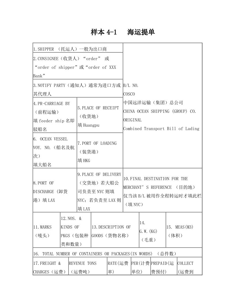 海运提单的填写方法及各家公司海运提单样本