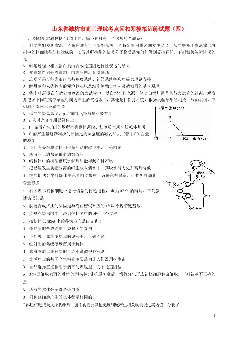 山东省潍坊市高三理综考点回扣即模拟训练试题（四）