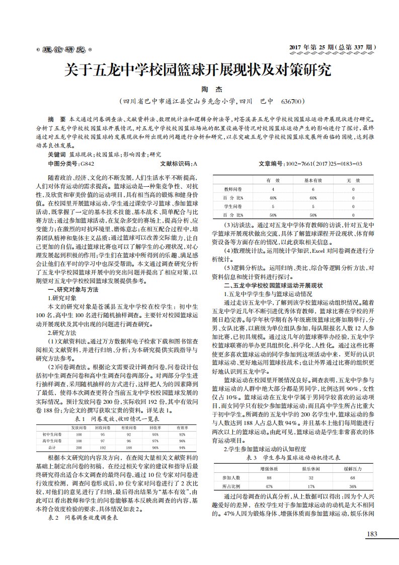 关于五龙中学校园篮球开展现状及对策研究