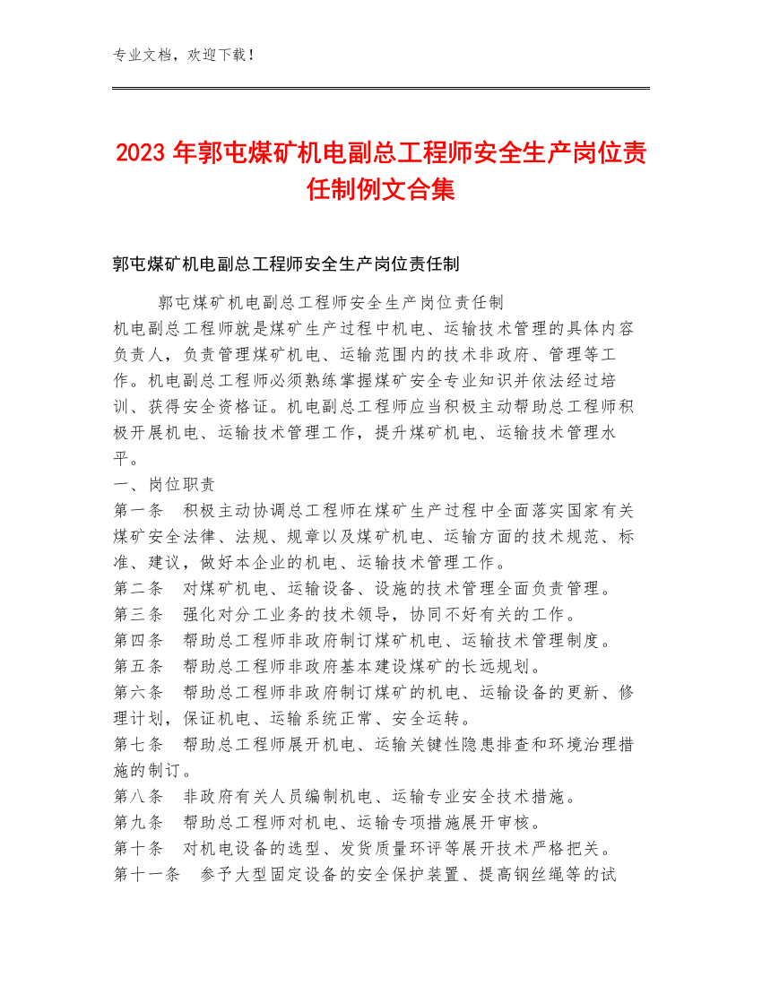 2023年郭屯煤矿机电副总工程师安全生产岗位责任制例文合集