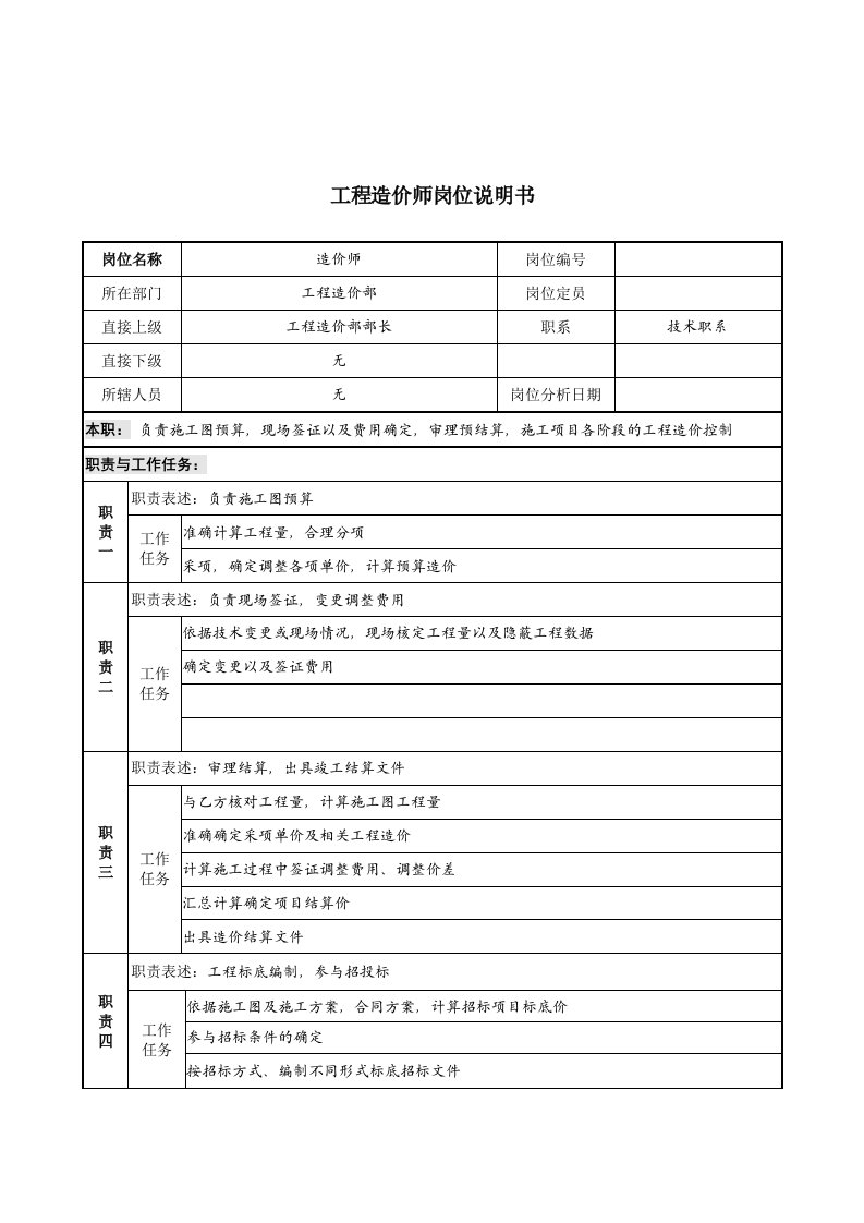 工程造价部造价师岗位职责