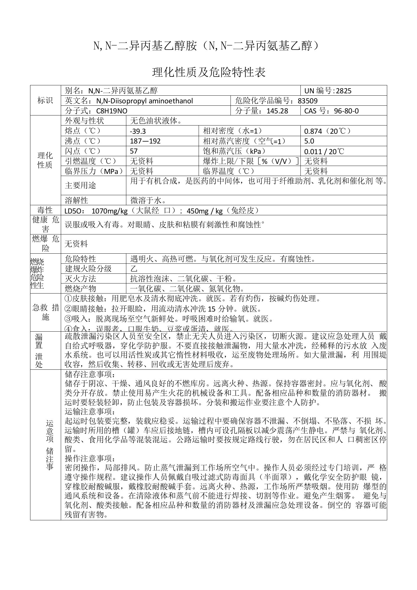 N,N-二异丙基乙醇胺（N,N-二异丙氨基乙醇）的理化性质及危险特性表