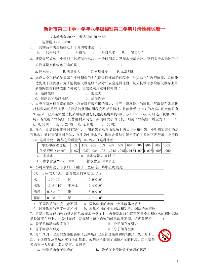 江苏省新沂市第二中学八级物理下学期月清检测试题一（无答案）