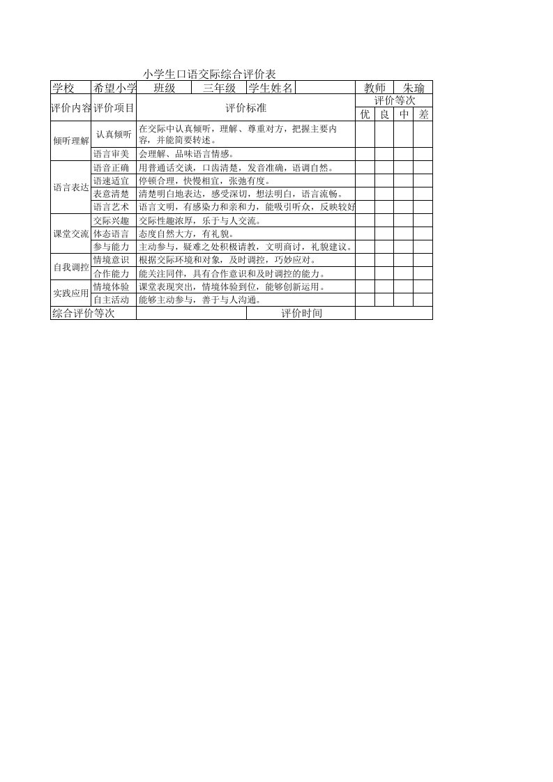 小学生口语交际评价表