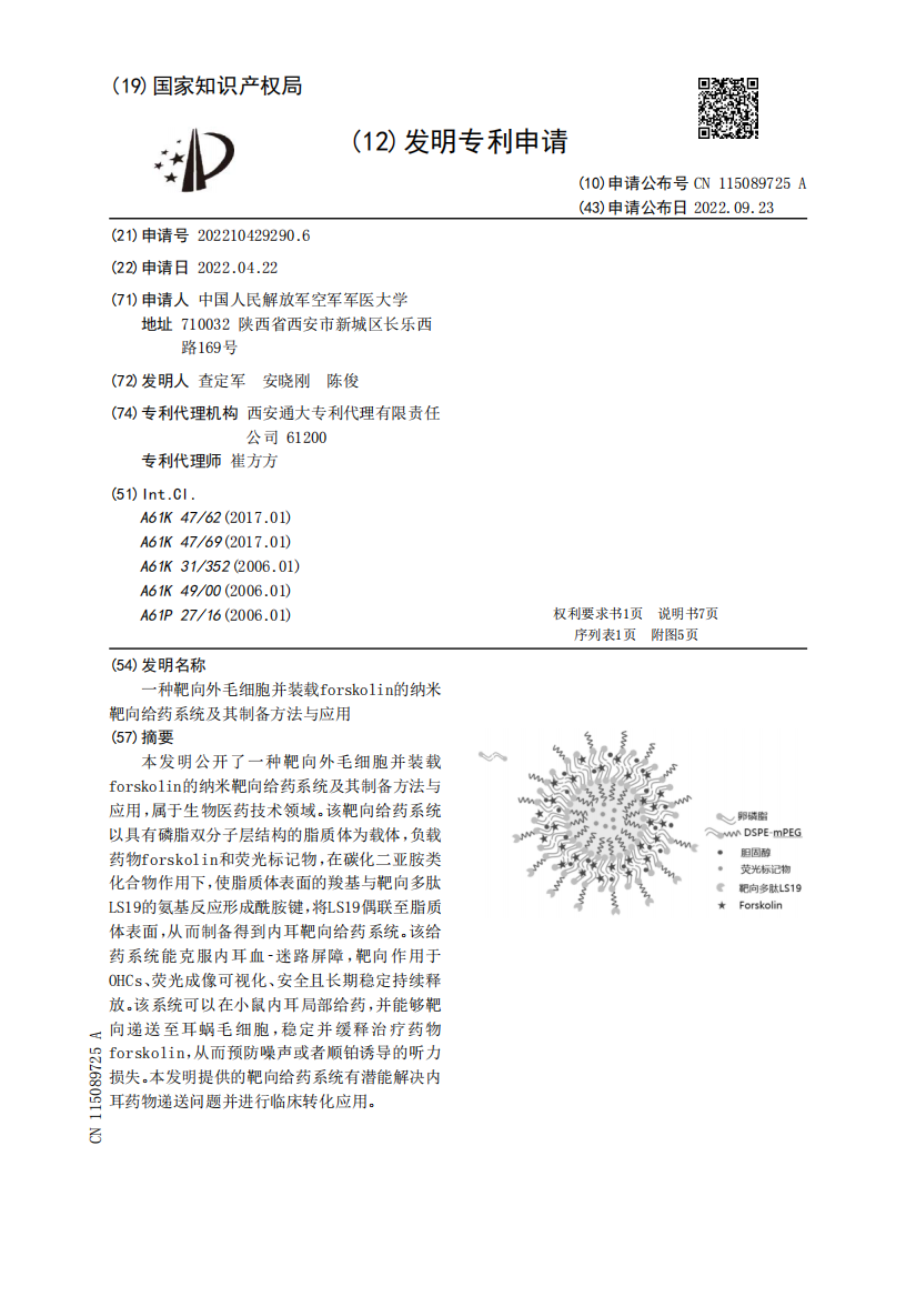 一种靶向外毛细胞并装载forskolin的纳米靶向给药系统及其制备方法与应用