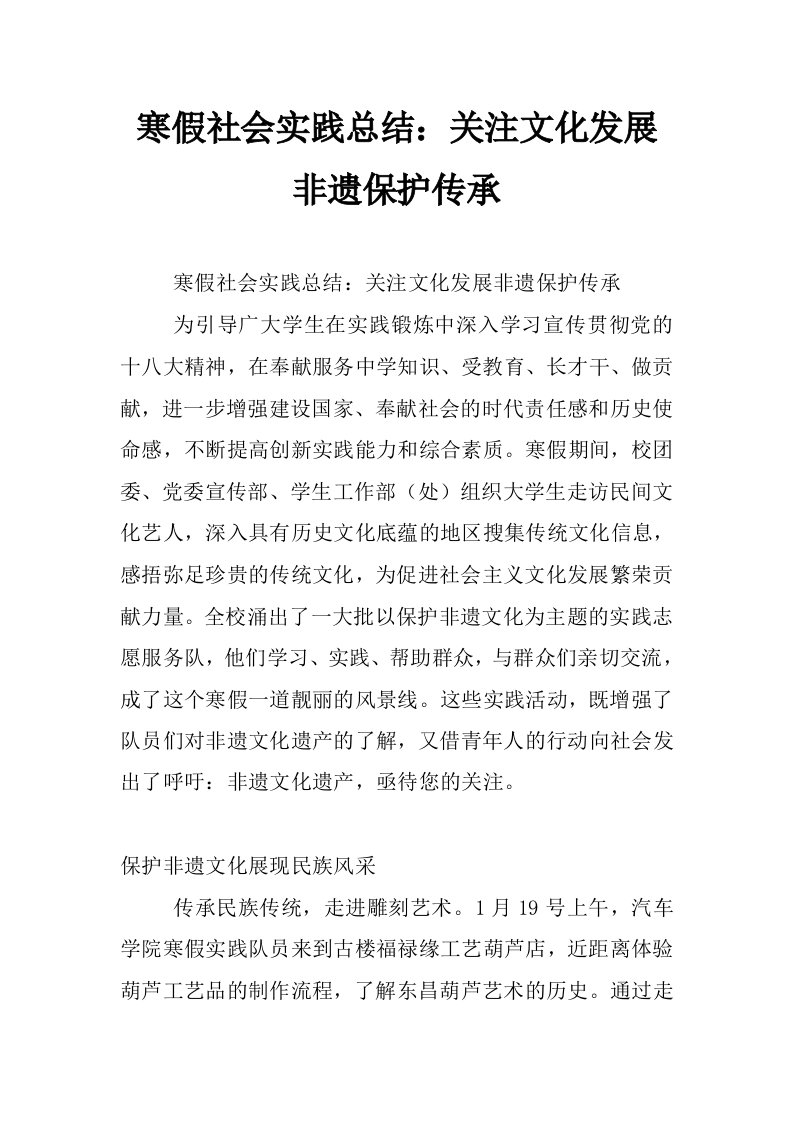 寒假社会实践总结：关注文化发展