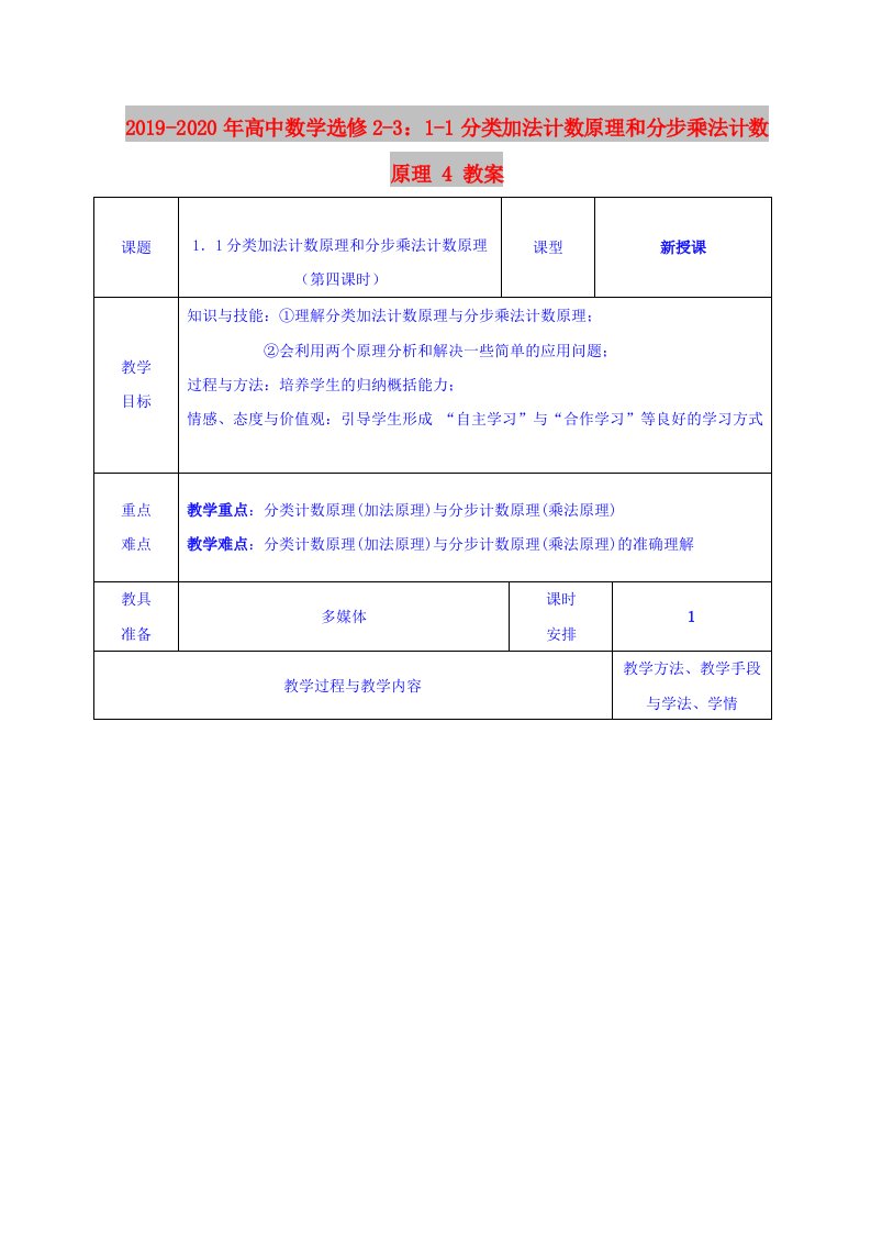 2019-2020年高中数学选修2-3：1-1分类加法计数原理和分步乘法计数原理