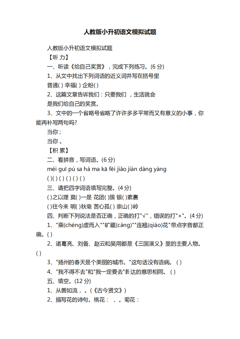 人教版小升初语文模拟试题