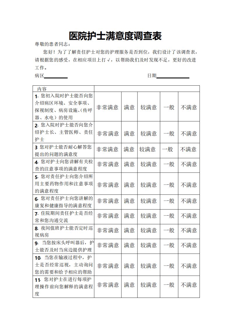 医院护士满意度调查表