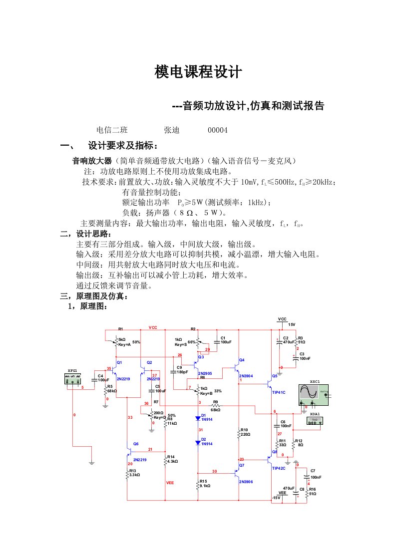 模电课程设计-音频功放设计,仿真和测试报告