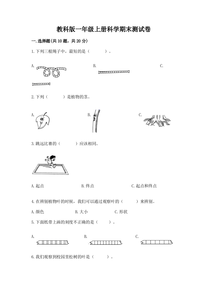 教科版一年级上册科学期末测试卷（精华版）