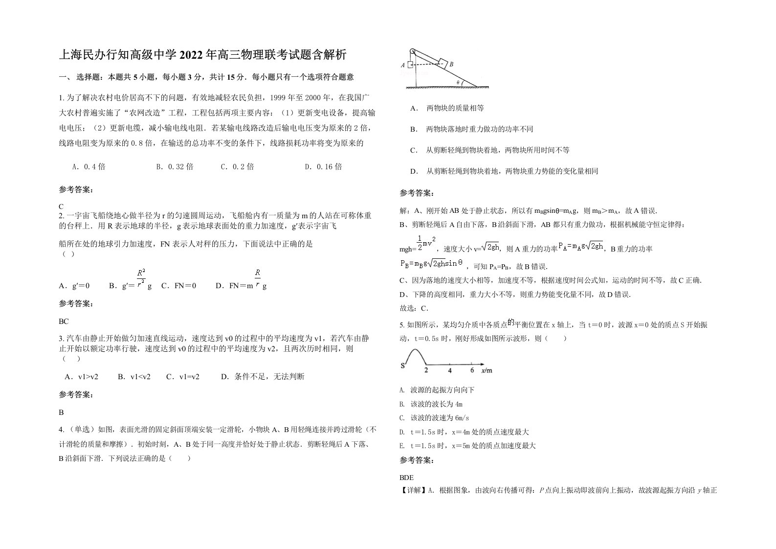 上海民办行知高级中学2022年高三物理联考试题含解析