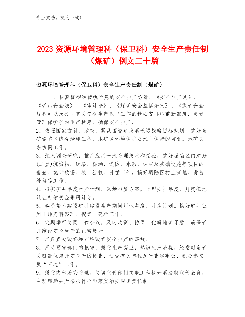 2023资源环境管理科（保卫科）安全生产责任制（煤矿）例文二十篇