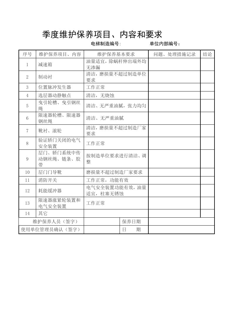 半年、季度、全年乘客电梯维护保养单