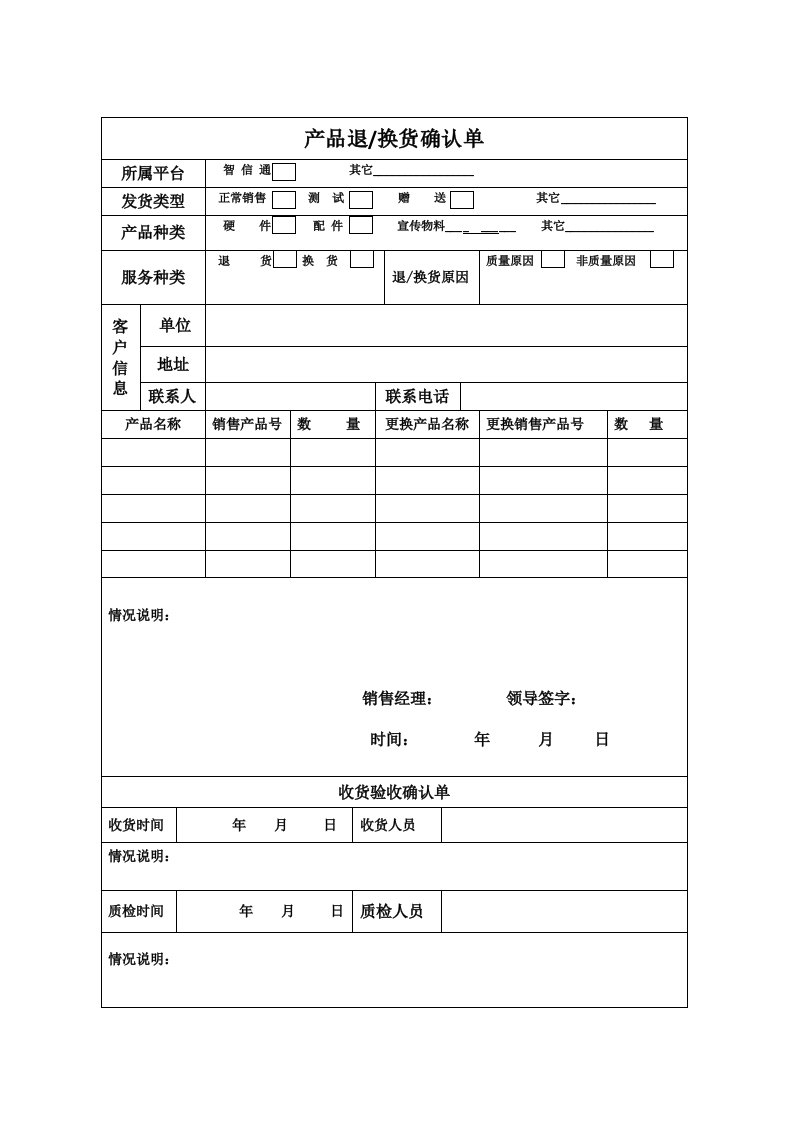 产品退换货确认单