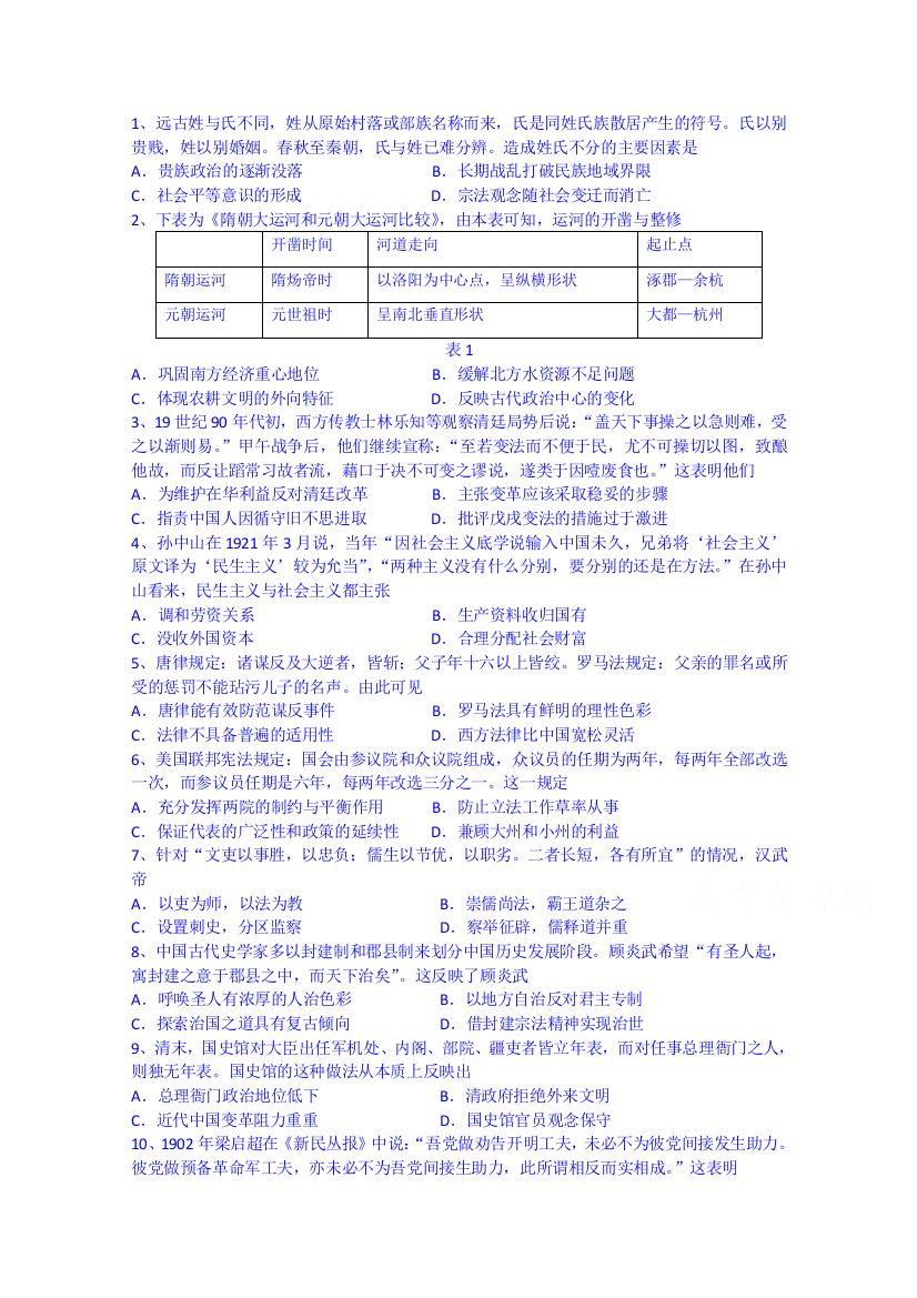 四川省成都市第七中学2015届高三历史（文）5月1日假期作业