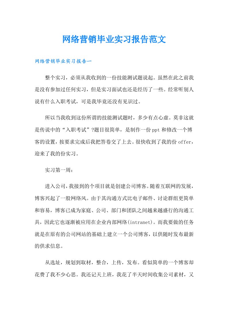 网络营销毕业实习报告范文