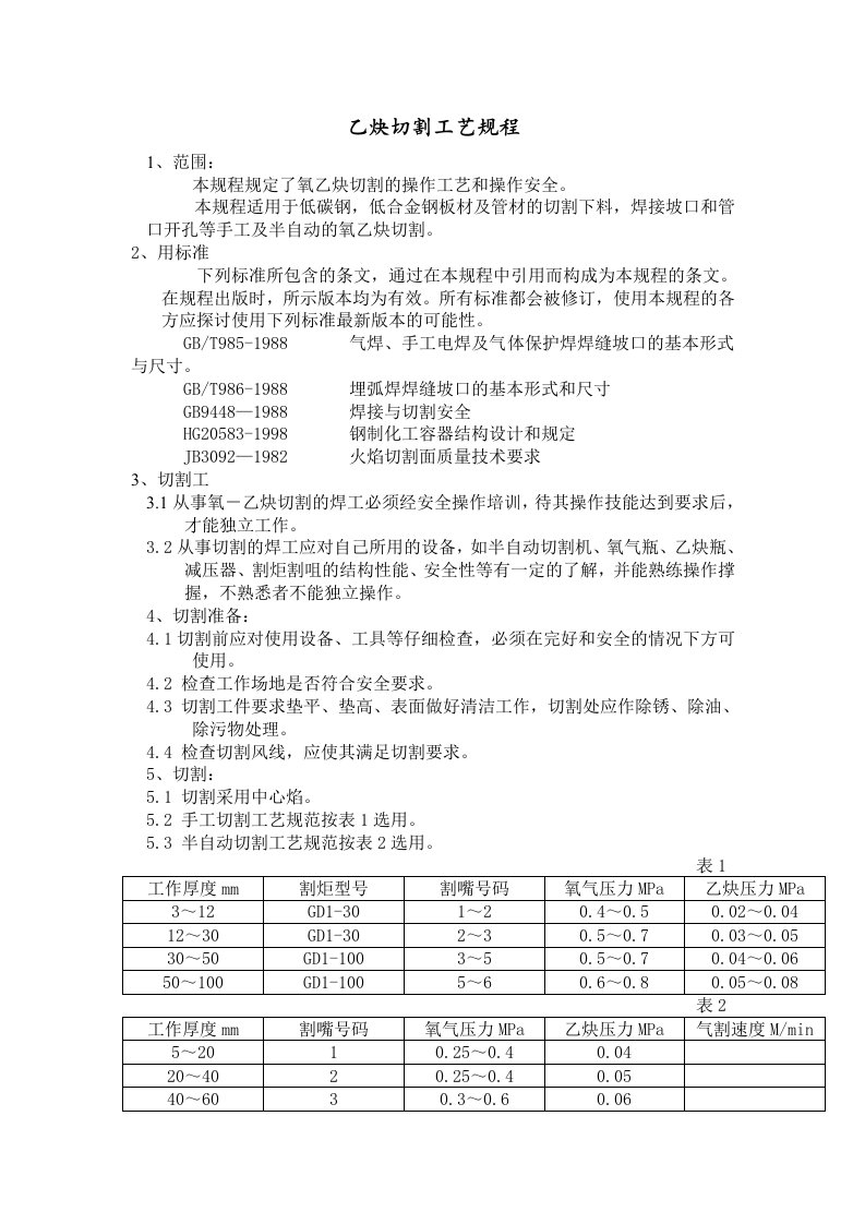 乙炔切割工艺规程资料