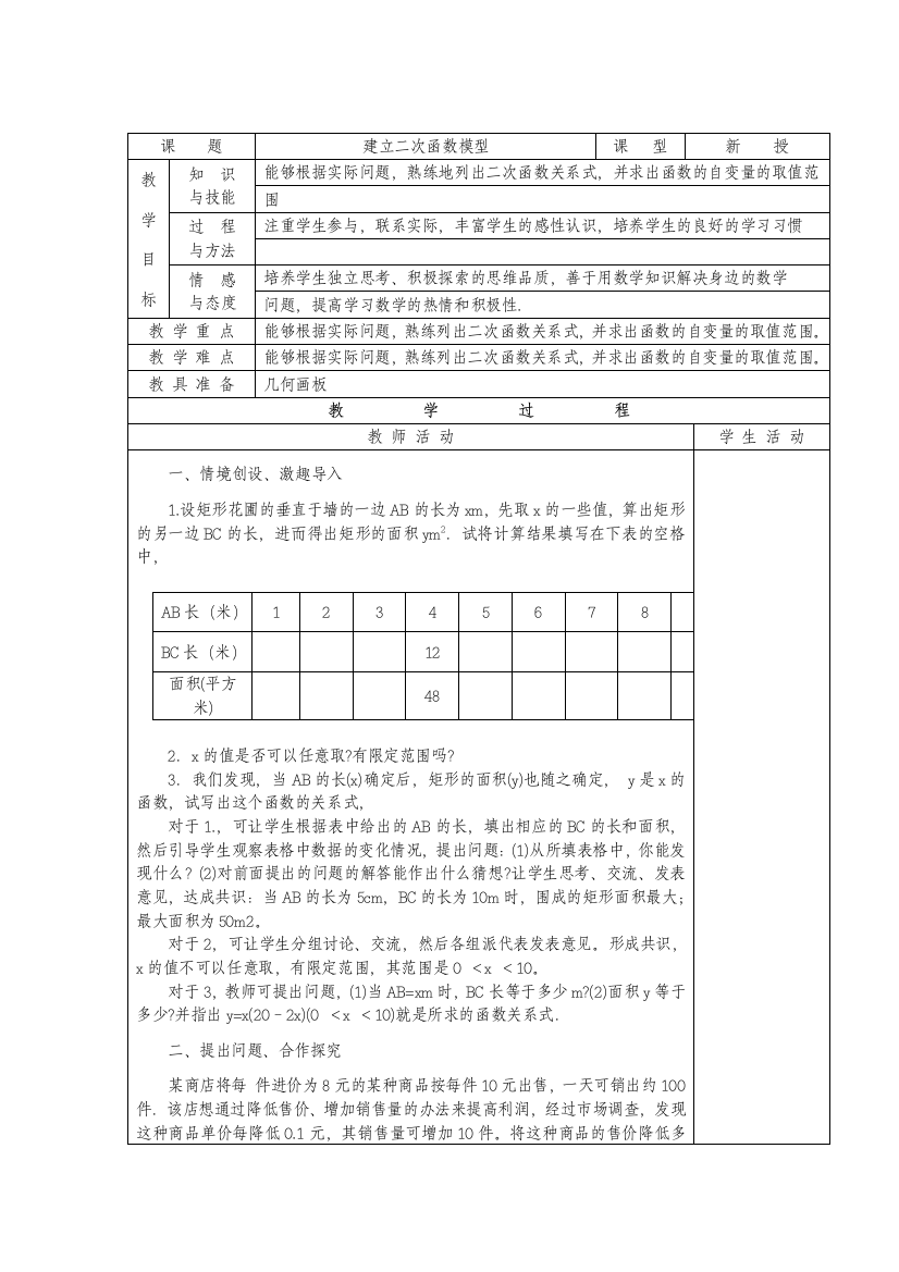 No01建立二次函数模型