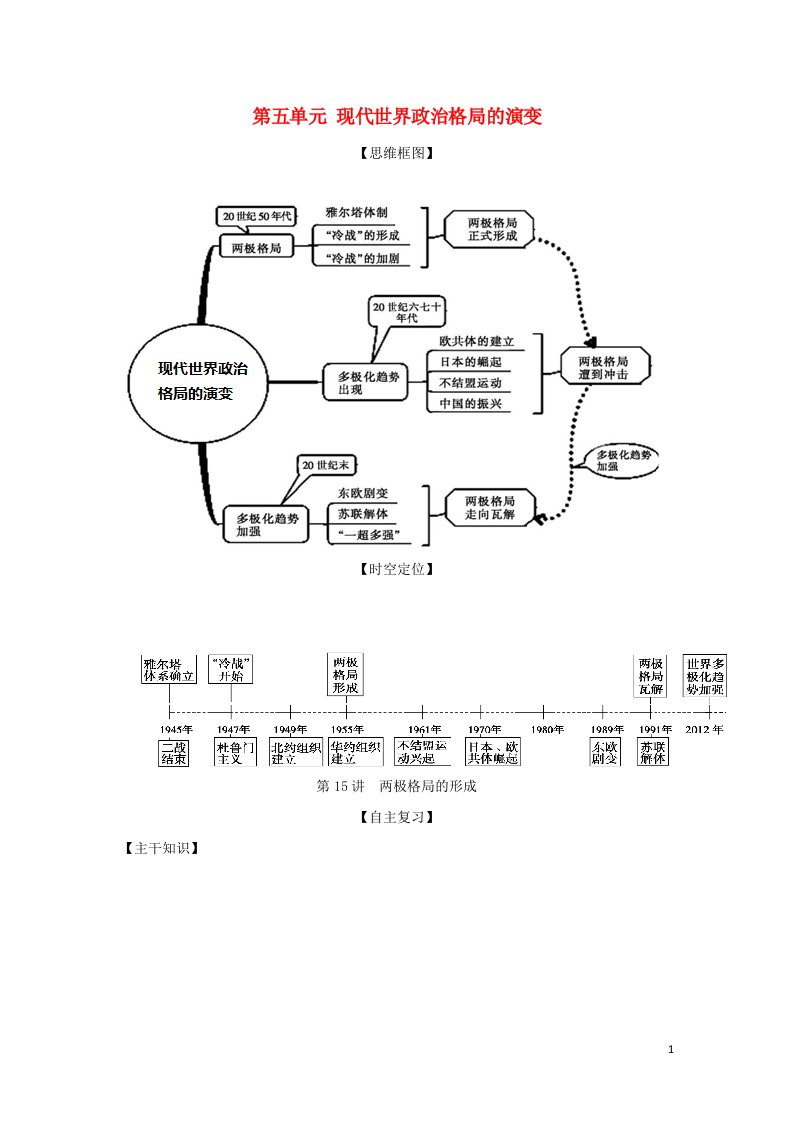 2022年高考历史一轮复习思维导图第五单元现代世界政治格局的演变15两极格局的形成学案新人教版必修1