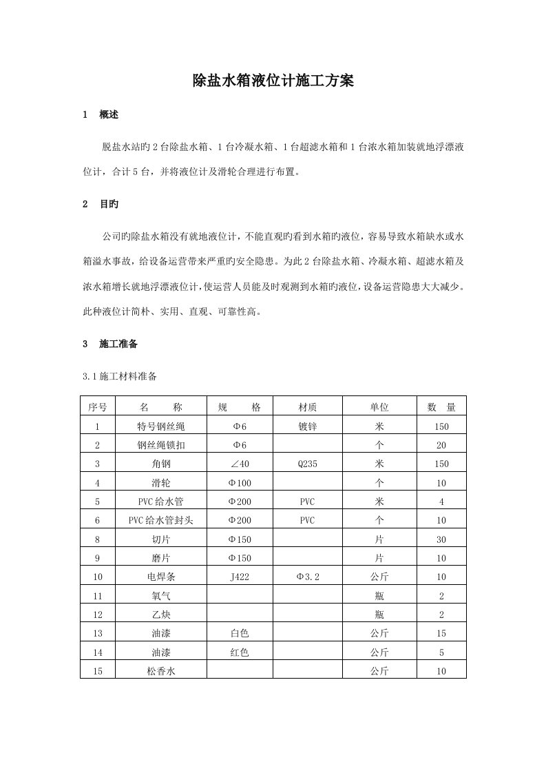 除盐水箱加装液位计专题方案