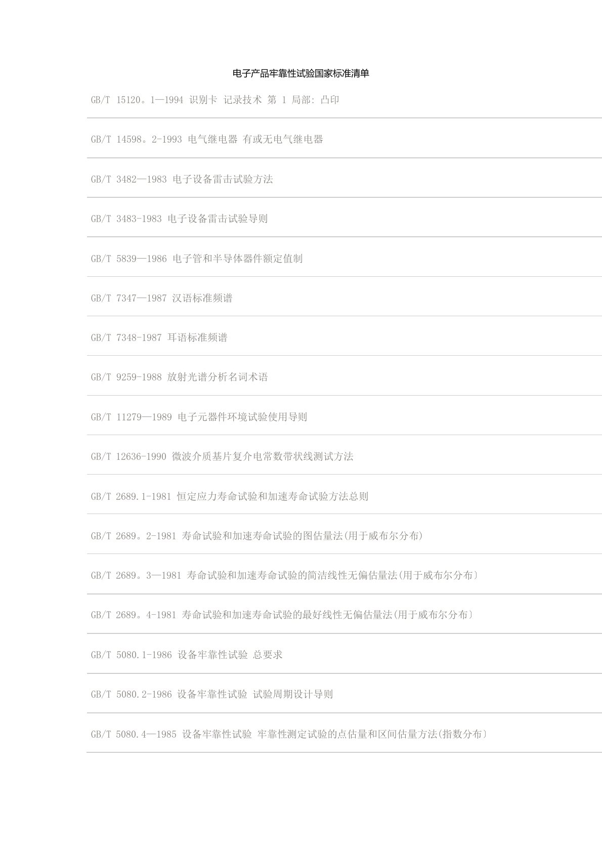 电子产品可靠性试验国家标准清单范本模板
