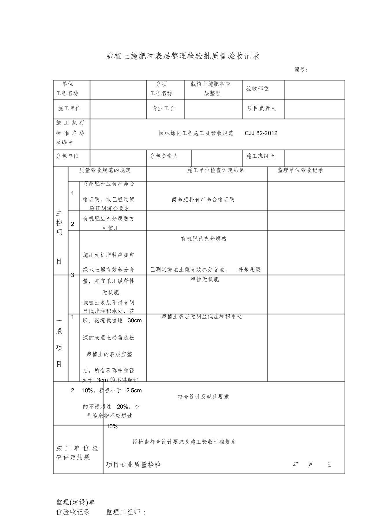 栽植土施肥和表层整理检验批质量验收记录表