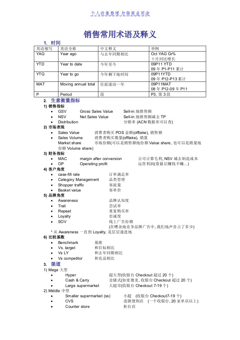 玛氏销售常用术语(中英对照)