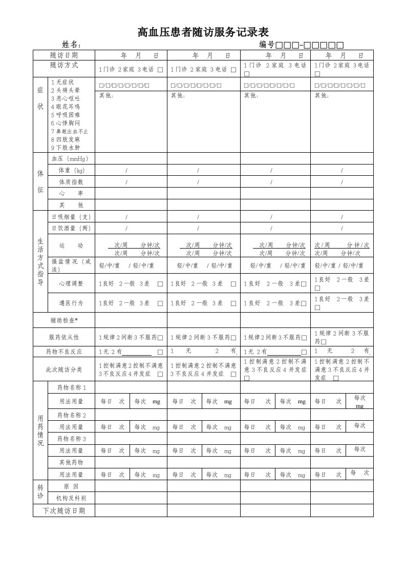 高血压患者随访服务记录表