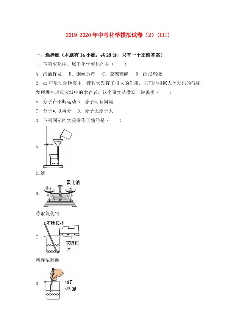 2019-2020年中考化学模拟试卷（2）(III)