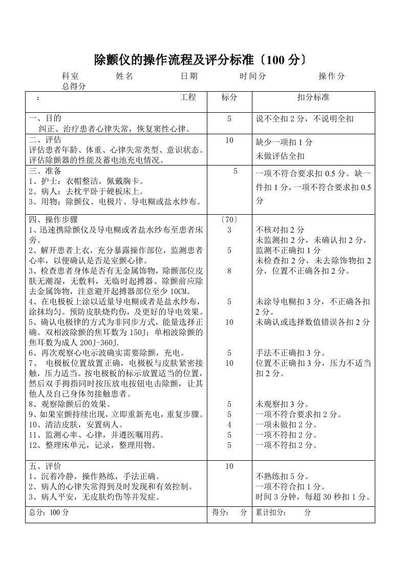 除颤仪操作流程及考核标准