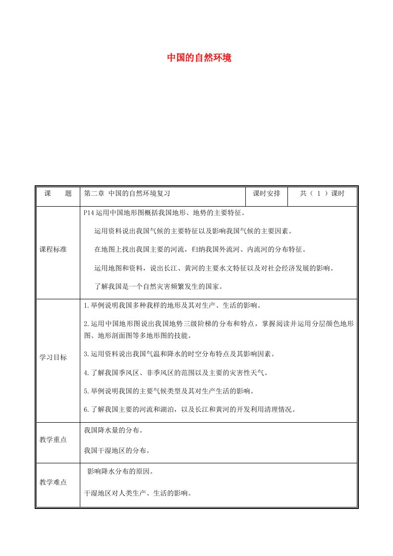 八年级地理上册第二章中国的自然环境复习教案人教版最新