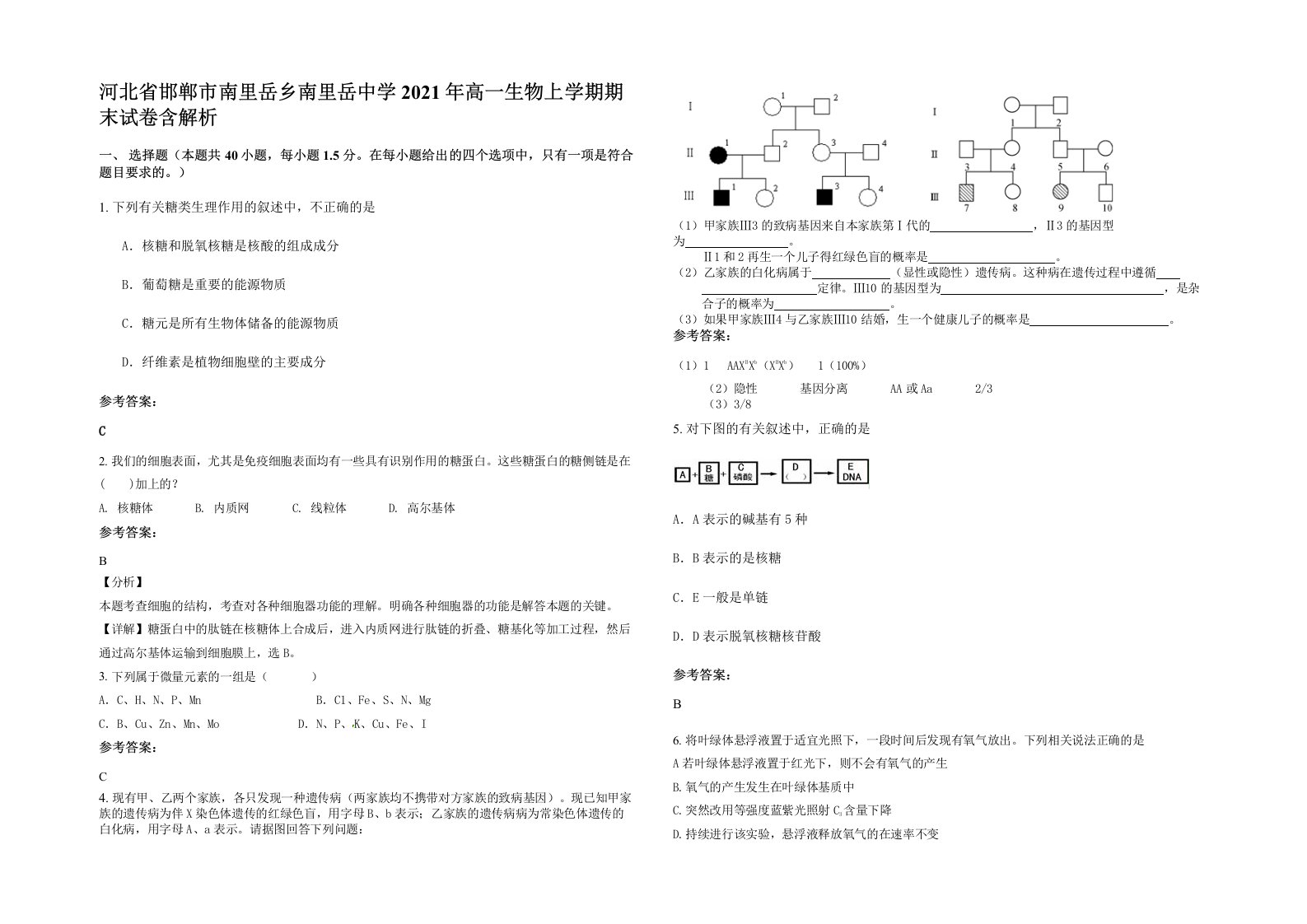 河北省邯郸市南里岳乡南里岳中学2021年高一生物上学期期末试卷含解析