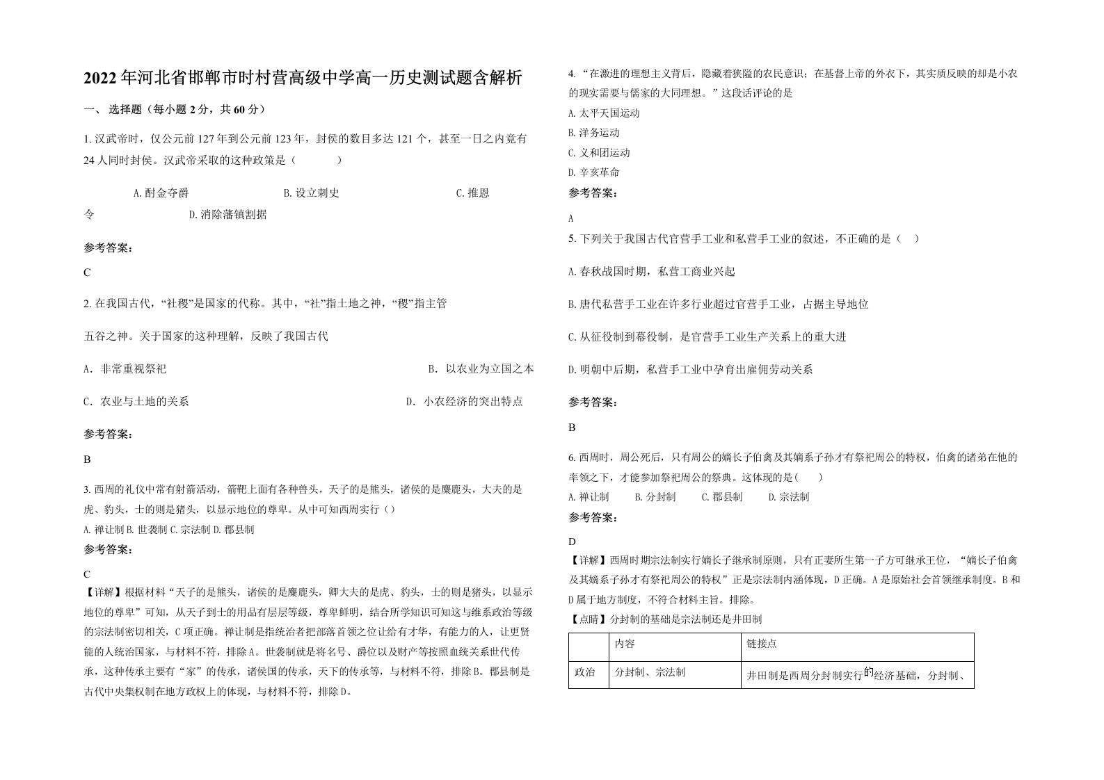 2022年河北省邯郸市时村营高级中学高一历史测试题含解析