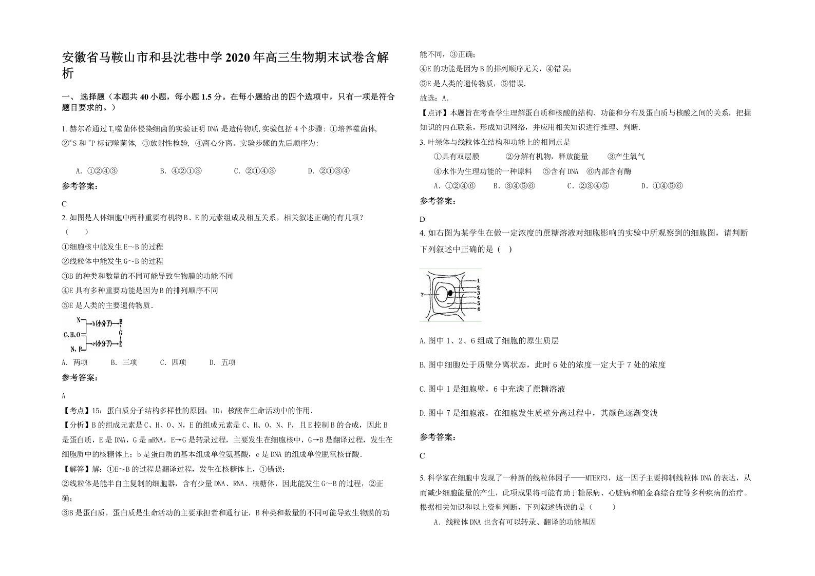 安徽省马鞍山市和县沈巷中学2020年高三生物期末试卷含解析