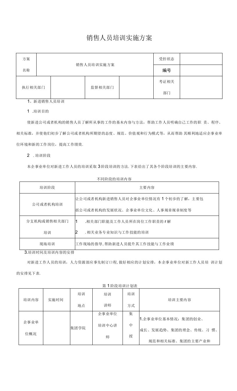 企业管理资料-销售人员培训实施方案文档范本