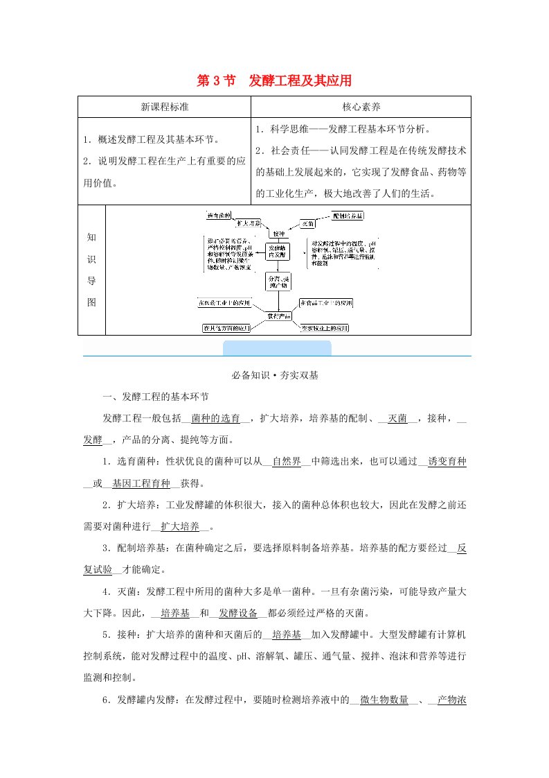 新教材2023年高中生物第1章发酵工程第3节发酵工程及其应用学案新人教版选择性必修3