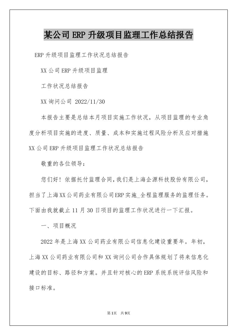 某公司ERP升级项目监理工作总结报告