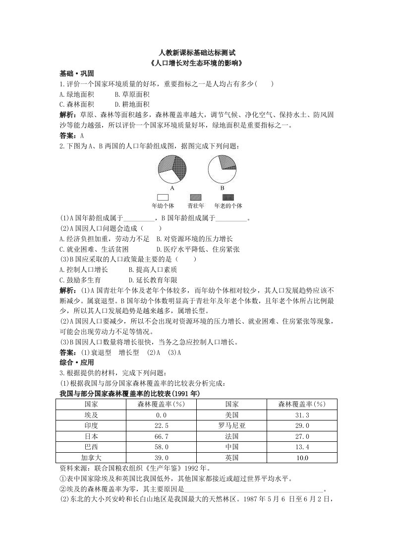 《人口增长对生态环境的影响》同步练习3(人教版必修3)