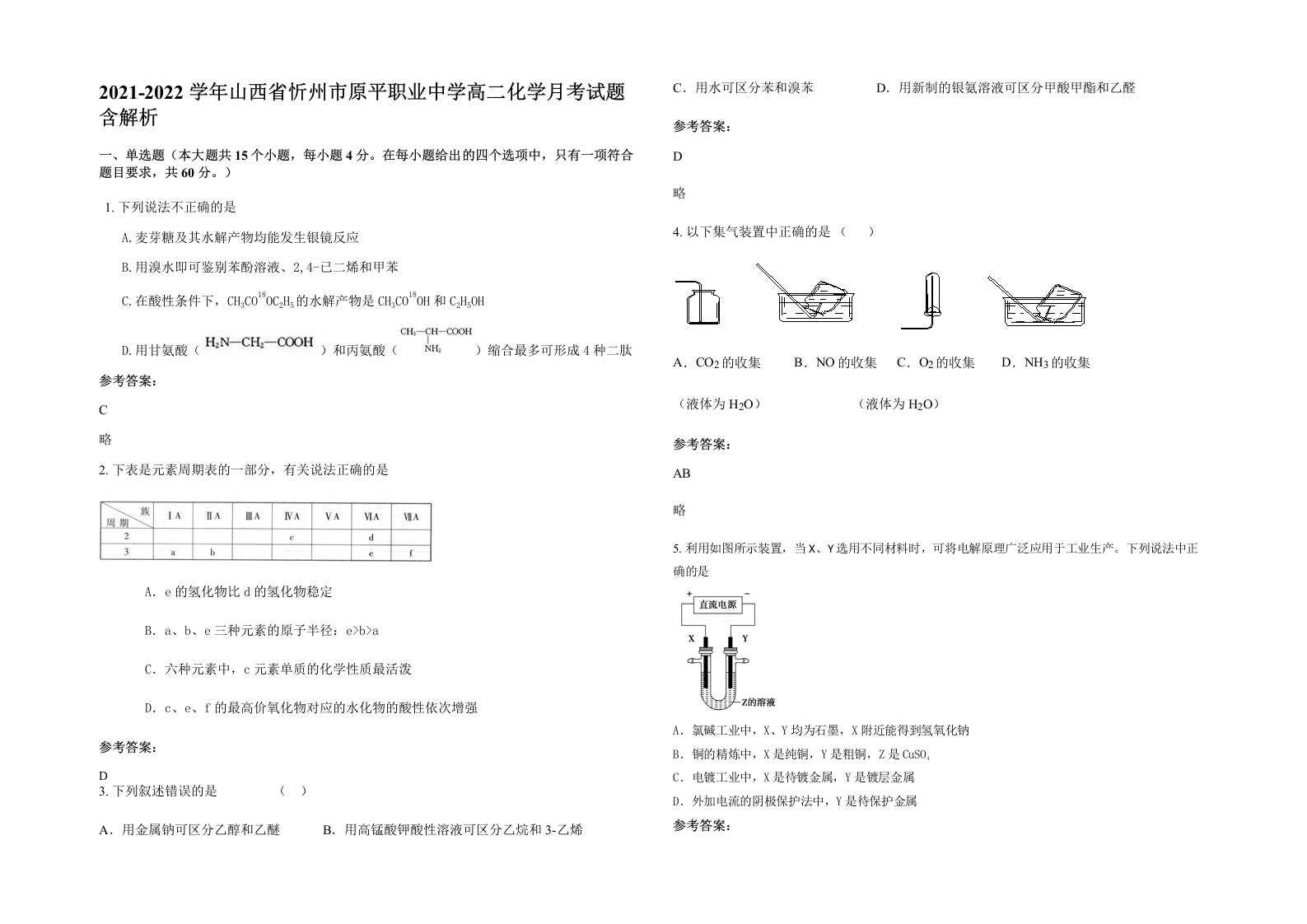 2021-2022学年山西省忻州市原平职业中学高二化学月考试题含解析