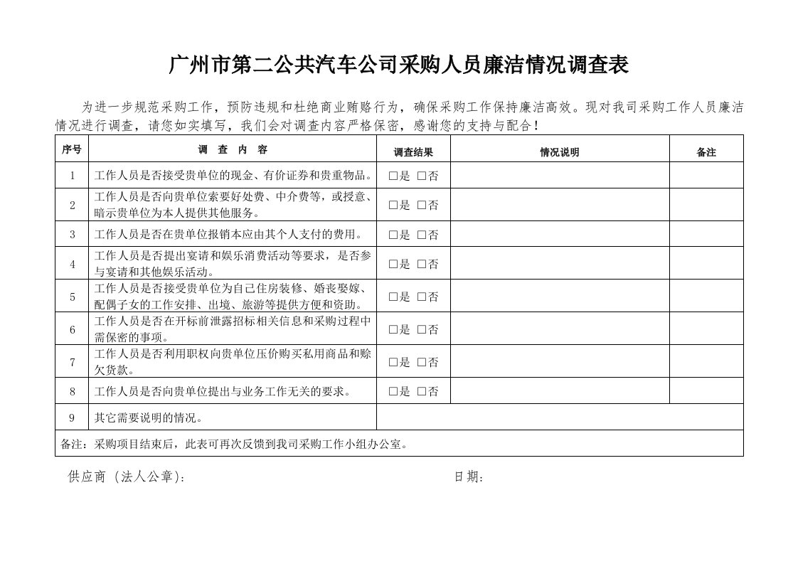 广州市第二公共汽车公司采购人员廉洁情况调查表