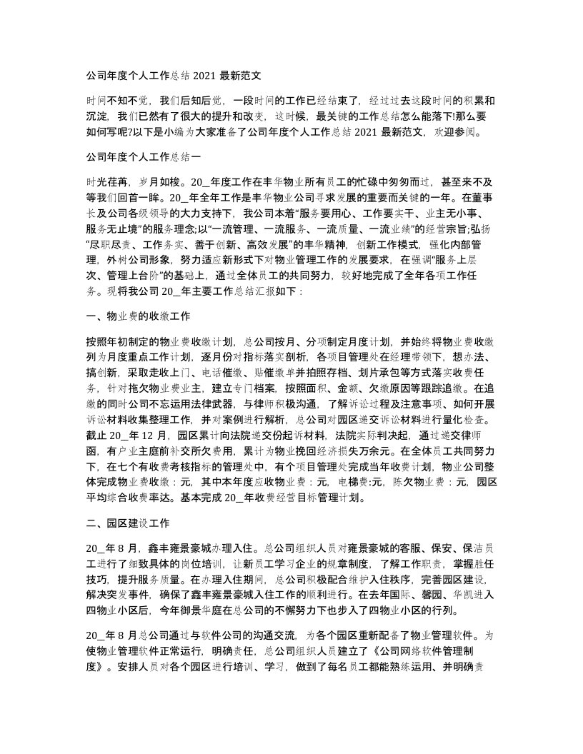 公司年度个人工作总结2021范文