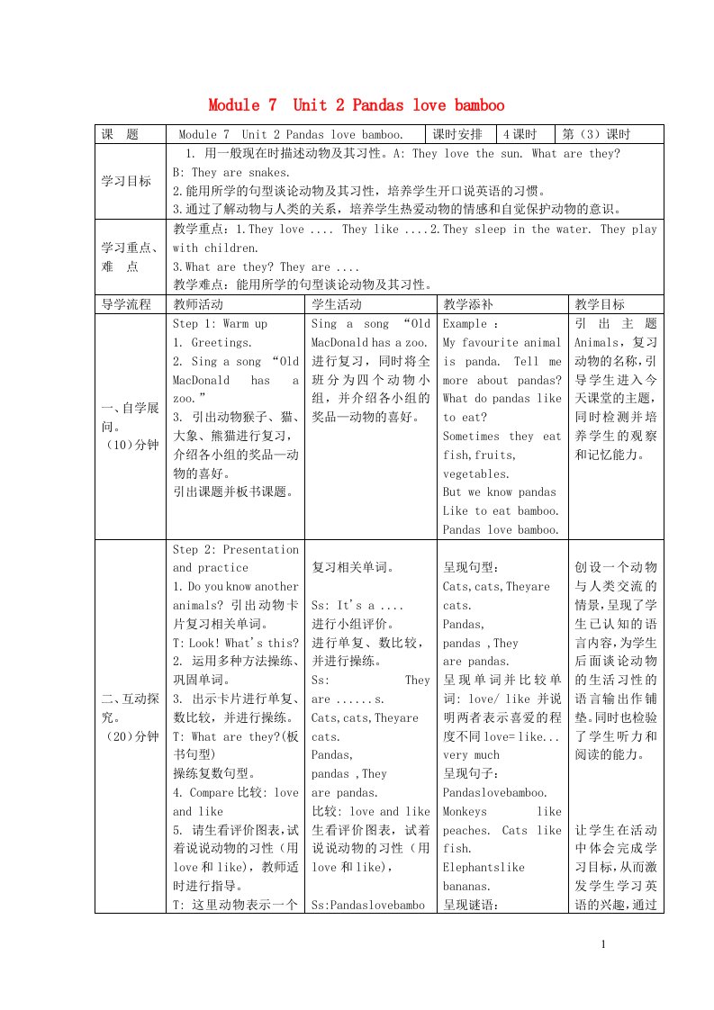 2021六年级英语上册Module7Unit2Pandaslovebamboo第3课时教学设计外研版三起