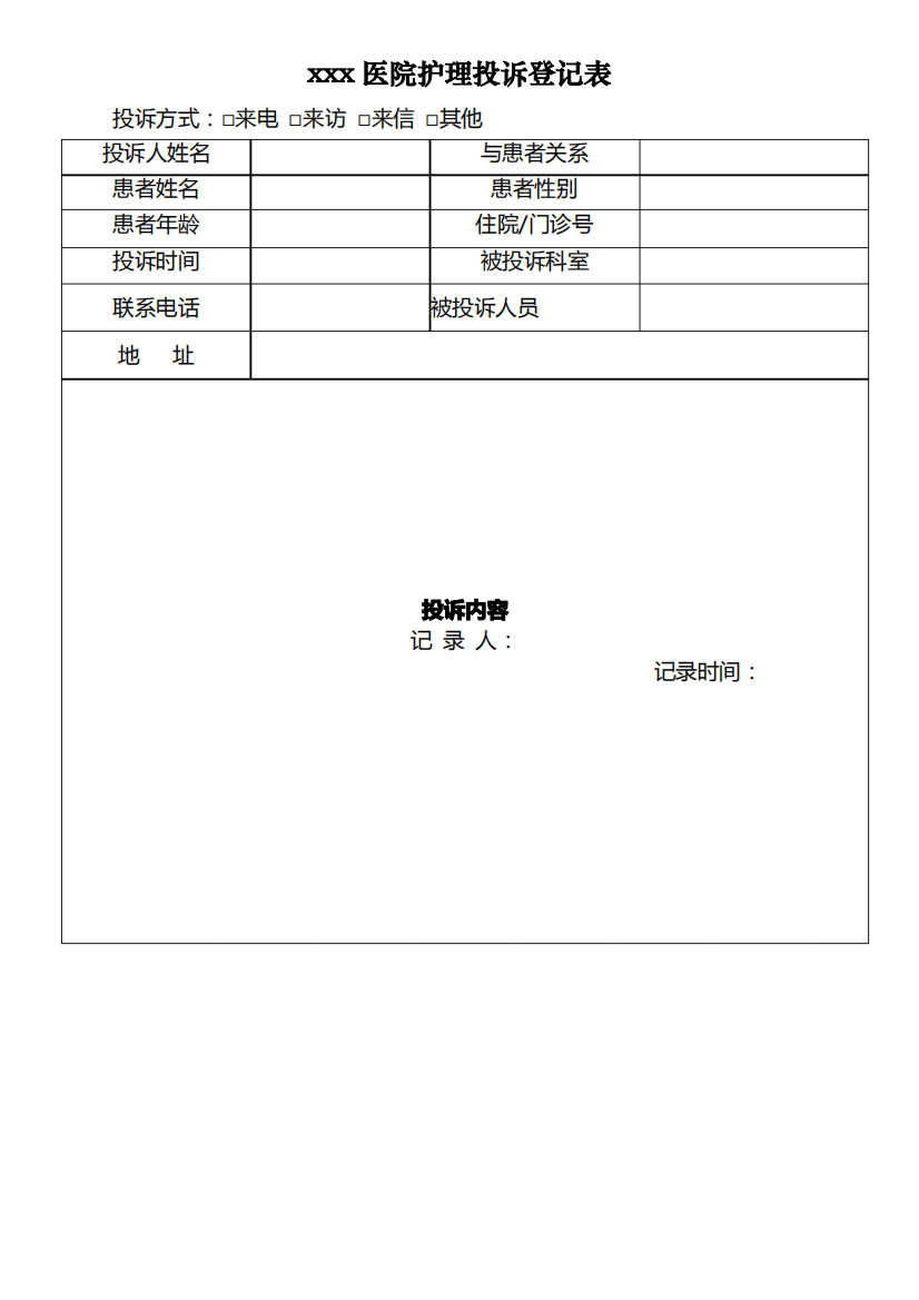 医院患者投诉及处理记录表格