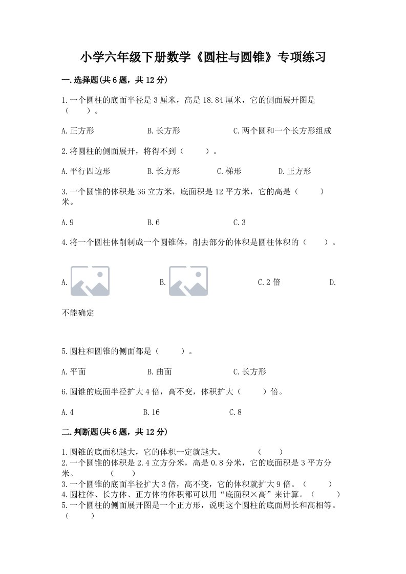 小学六年级下册数学《圆柱与圆锥》专项练习（有一套）