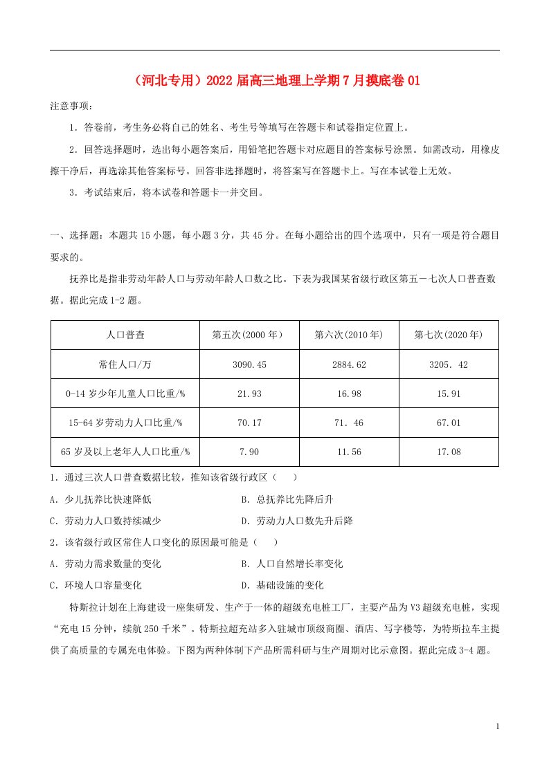 河北专用2022届高三地理上学期7月摸底卷01