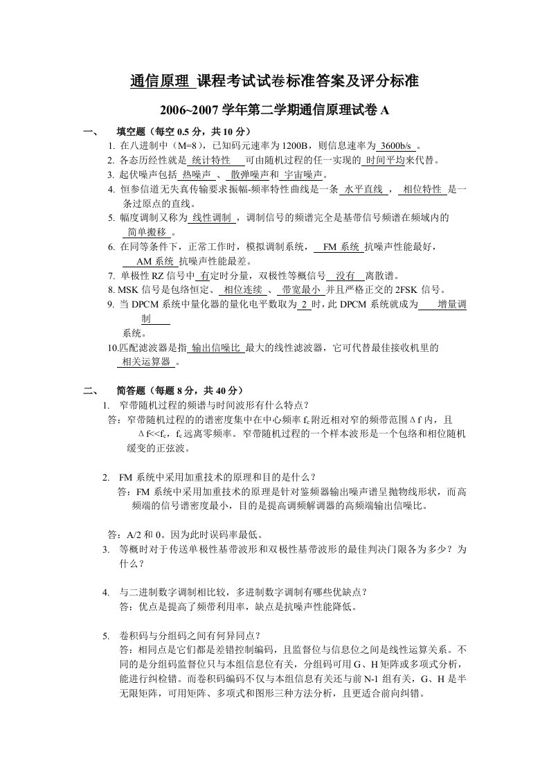 大学通信原理期末考试试题