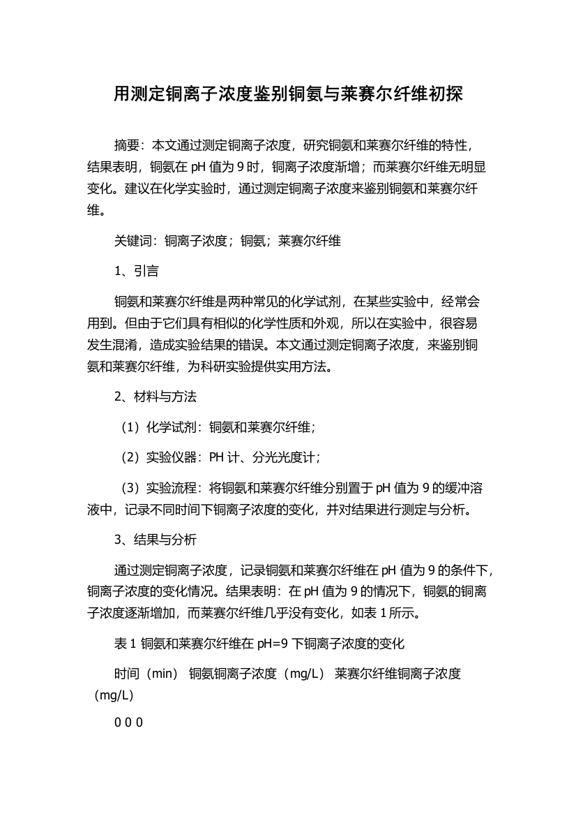 用测定铜离子浓度鉴别铜氨与莱赛尔纤维初探