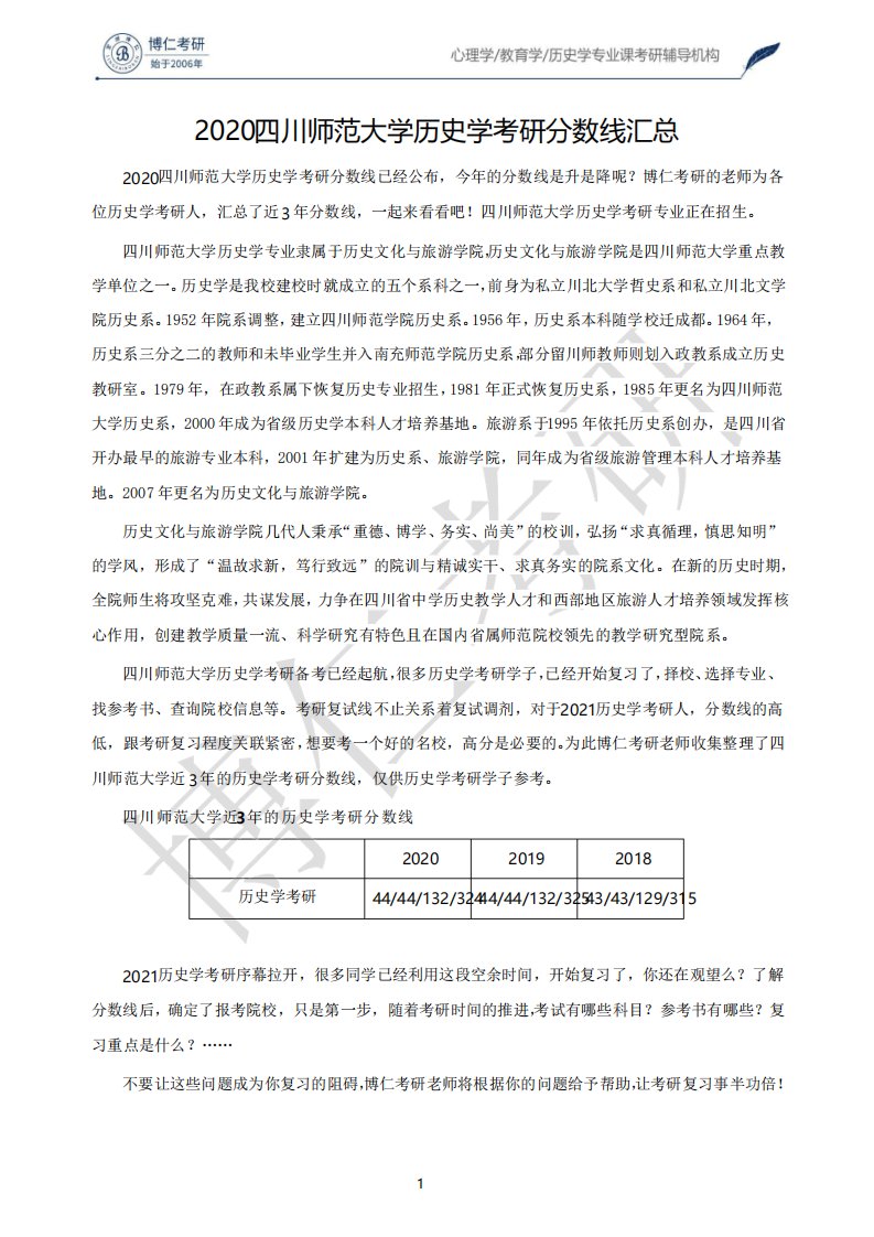 2020四川师范大学历史学考研分数线汇总